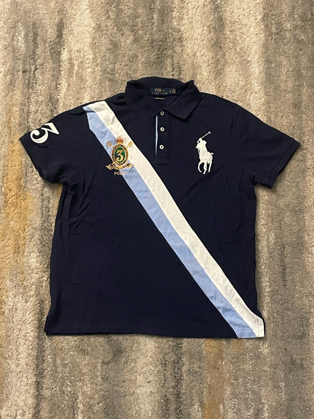 Ralph Lauren Navy Polo Shirt with White & Light Blue Diagonal Stripe
